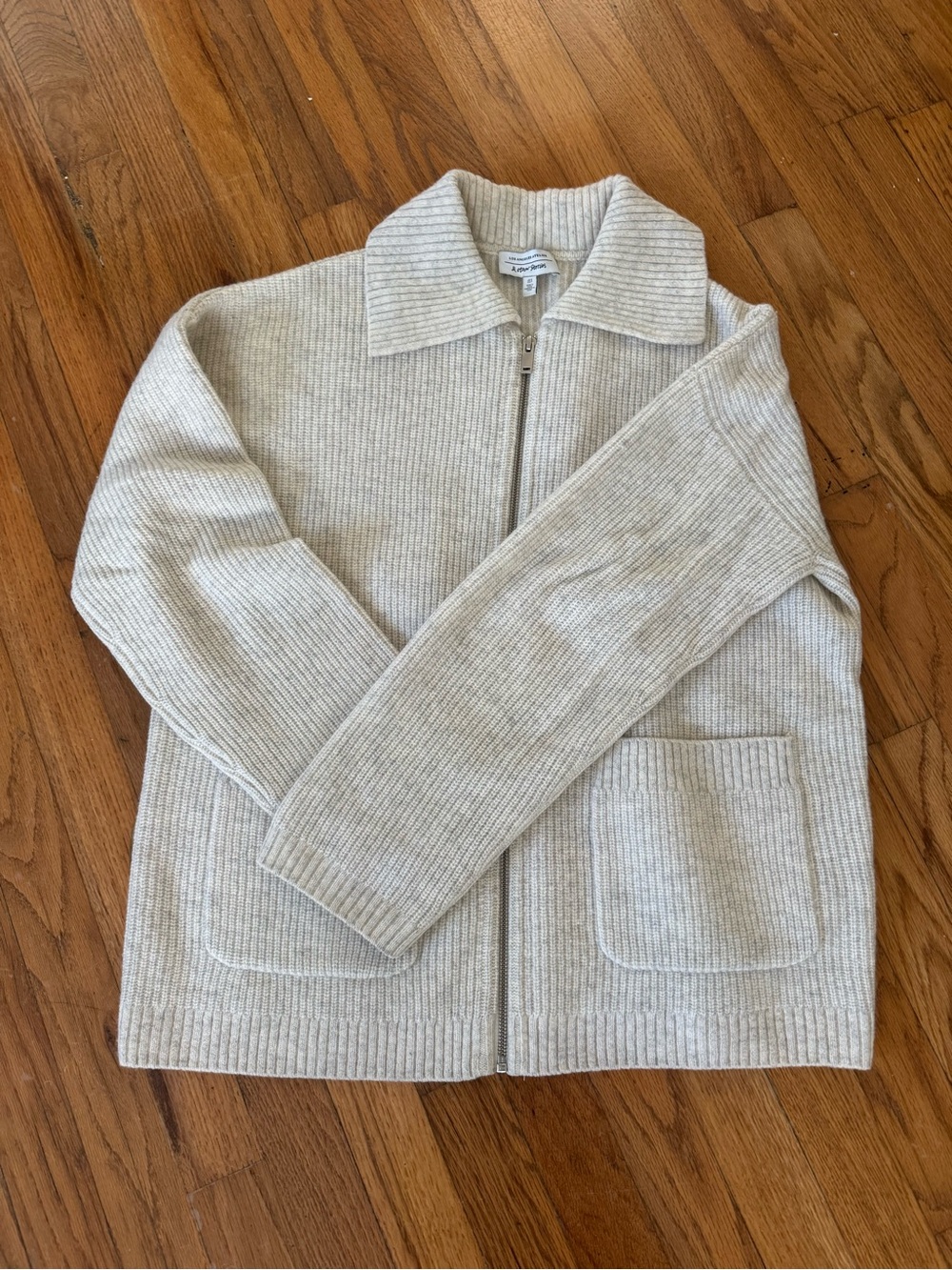 & Other Stories Cream Ribbed Knit Zip Jacket